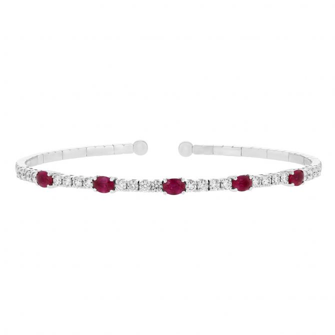 18K White Gold Oval Ruby & Diamond Bangle Bracelet