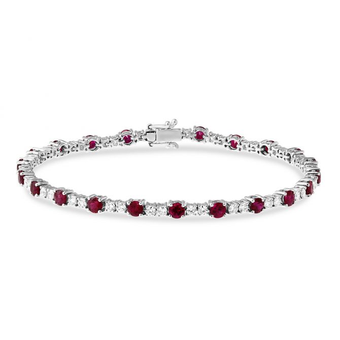 18K White Gold Round Ruby and Diamond Tennis Bracelet, 7"