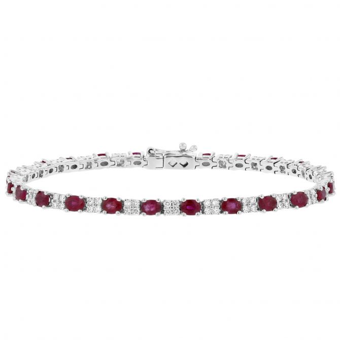 Oval Ruby & Diamond Prong Set Bracelet in White Gold, 7"