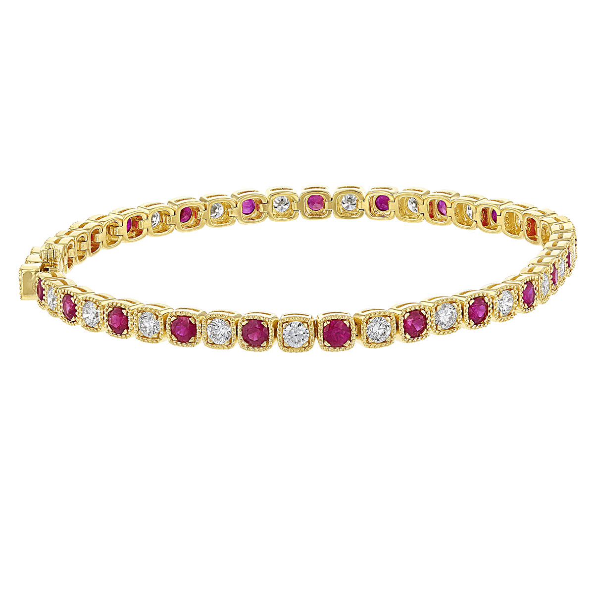 Ruby & Diamond Milgrain Bezel Set Tennis Bracelet in Yellow Gold, 7.25