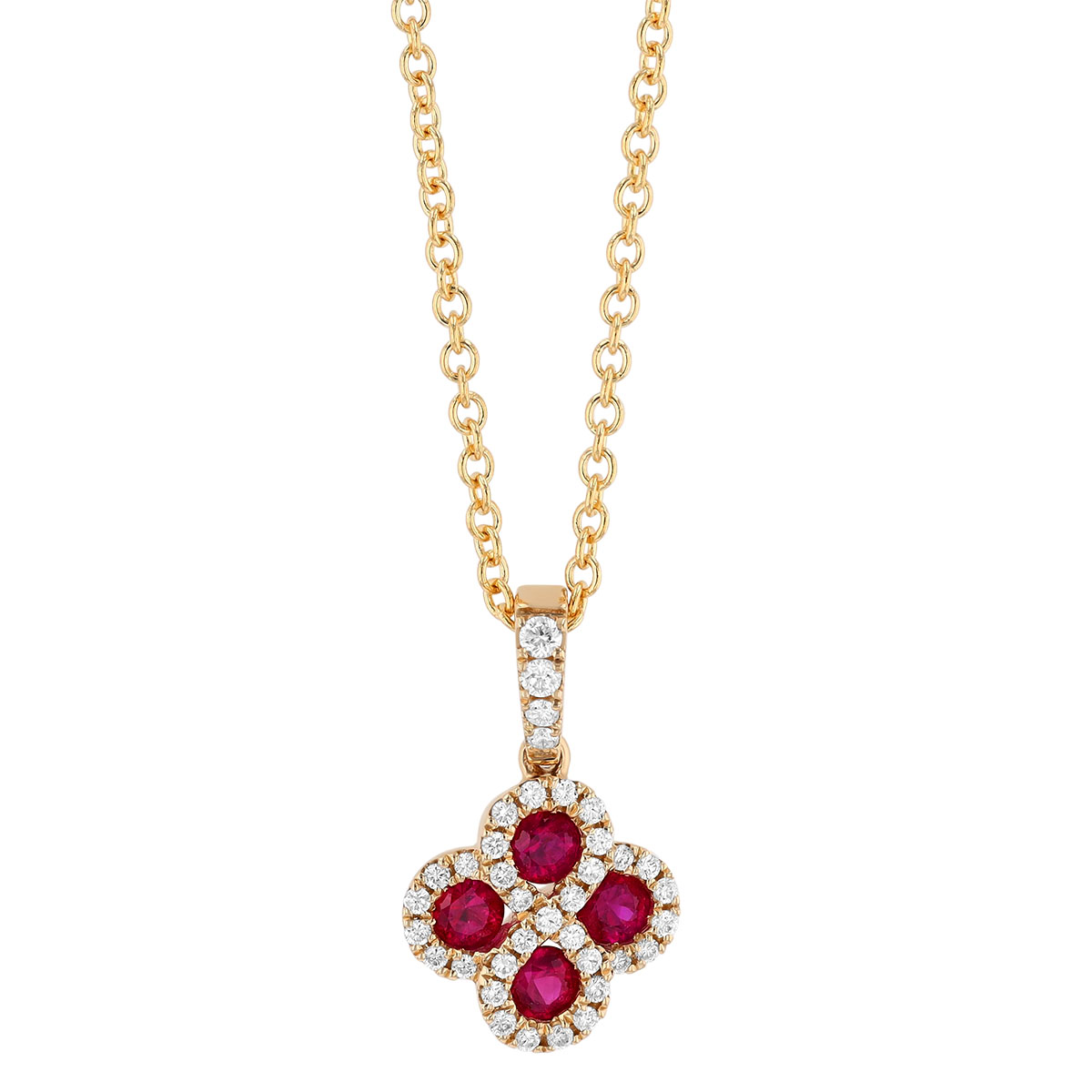 Ruby & Diamond Halo Quatrefoil Pendant in Yellow Gold, 18
