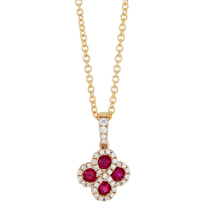 Ruby & Diamond Halo Quatrefoil Pendant in Yellow Gold, 18"