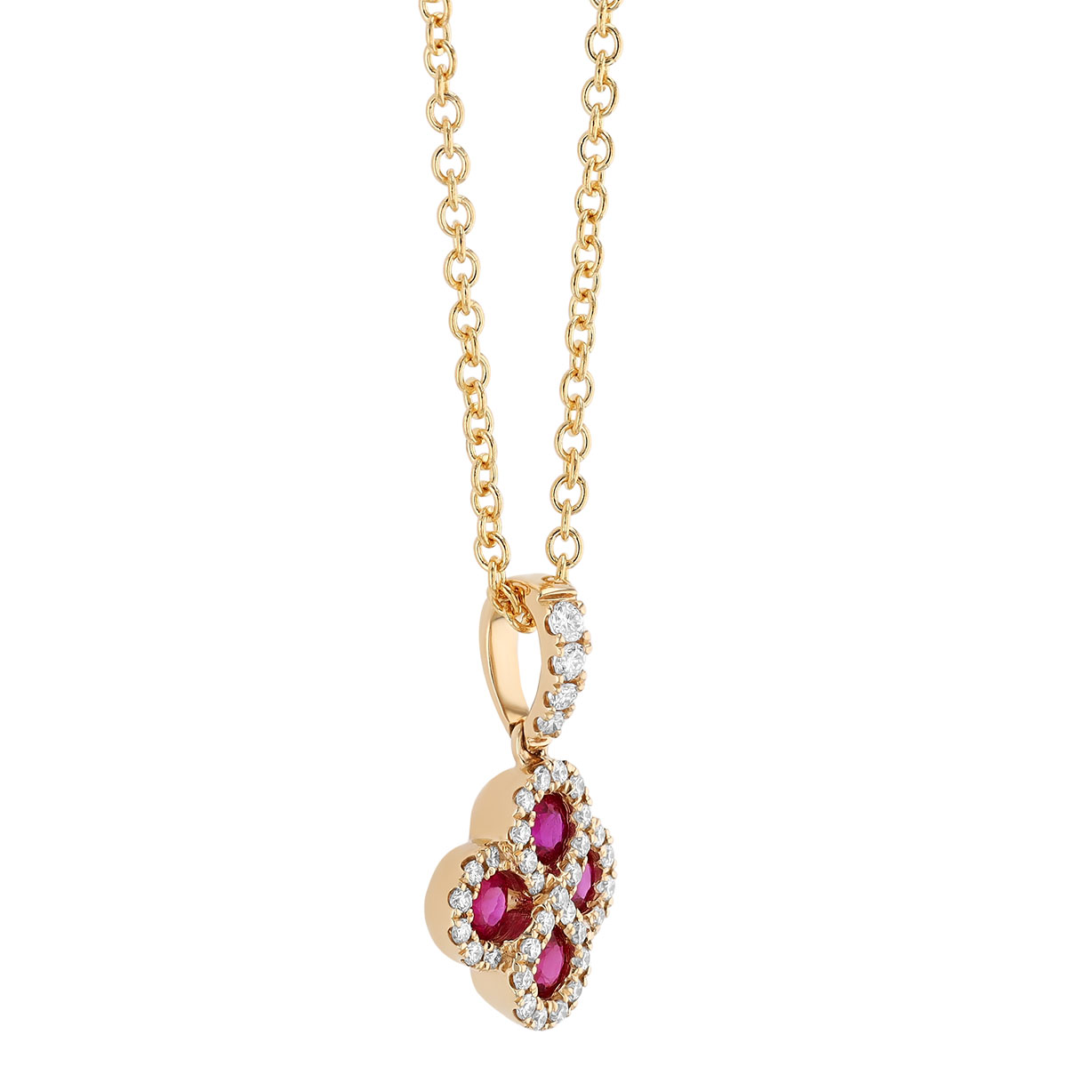 Ruby & Diamond Halo Quatrefoil Pendant in Yellow Gold, 18