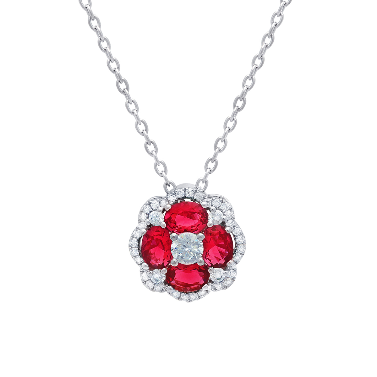 Round Ruby & Diamond Halo Flower Pendant in White Gold, 18
