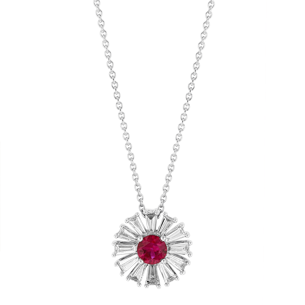 18K White Gold Ruby & Tapered Baguette Diamond Starburst pendant, 17