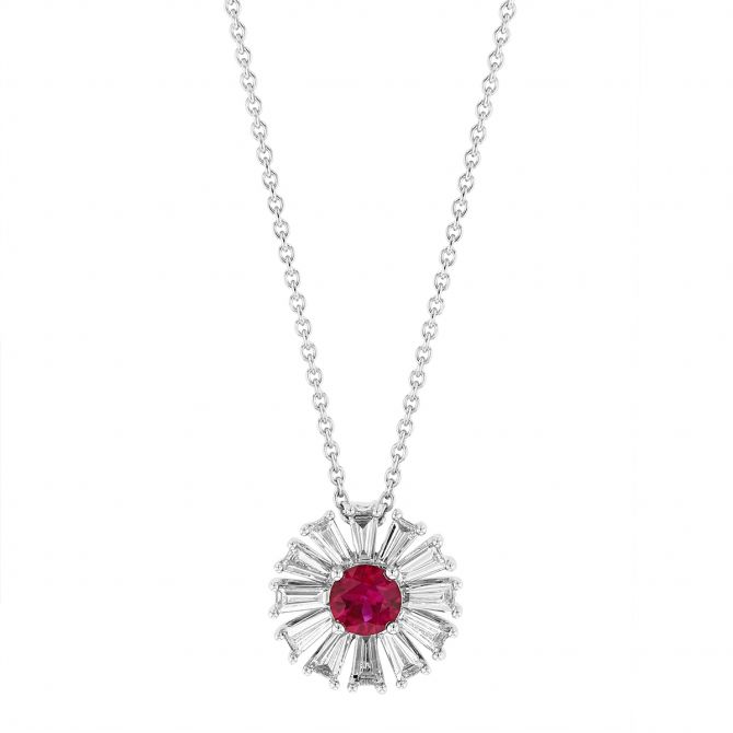 18K White Gold Ruby & Tapered Baguette Diamond Starburst pendant, 17"