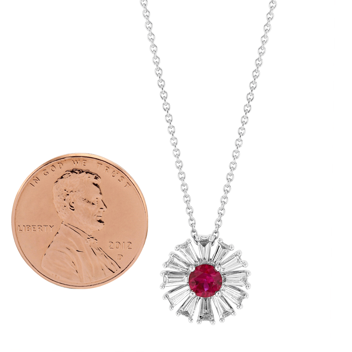 18K White Gold Ruby & Tapered Baguette Diamond Starburst pendant, 17