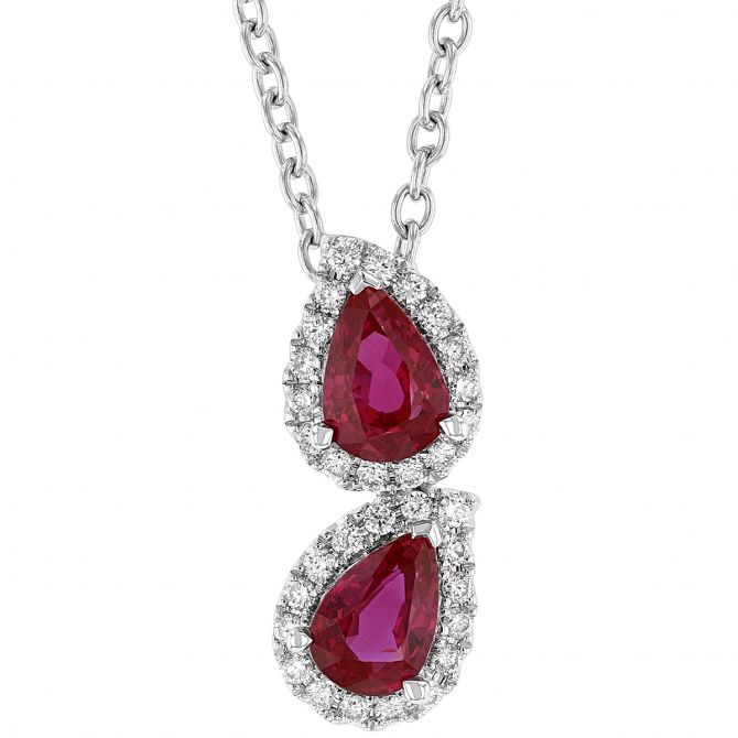 Pear Shaped Ruby & Diamond Halo Double Drop Pendant in White Gold, 18"