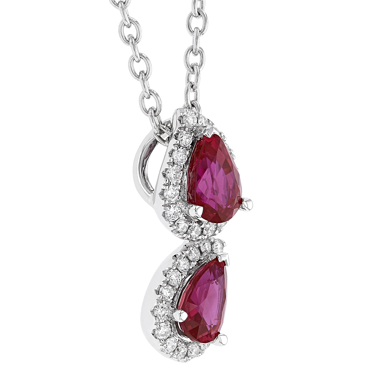 Pear Shaped Ruby & Diamond Halo Double Drop Pendant in White Gold, 18