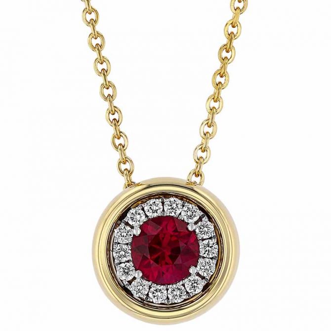 Round Ruby & Diamond Halo Bezel Set Pendant in Yellow Gold, 17"