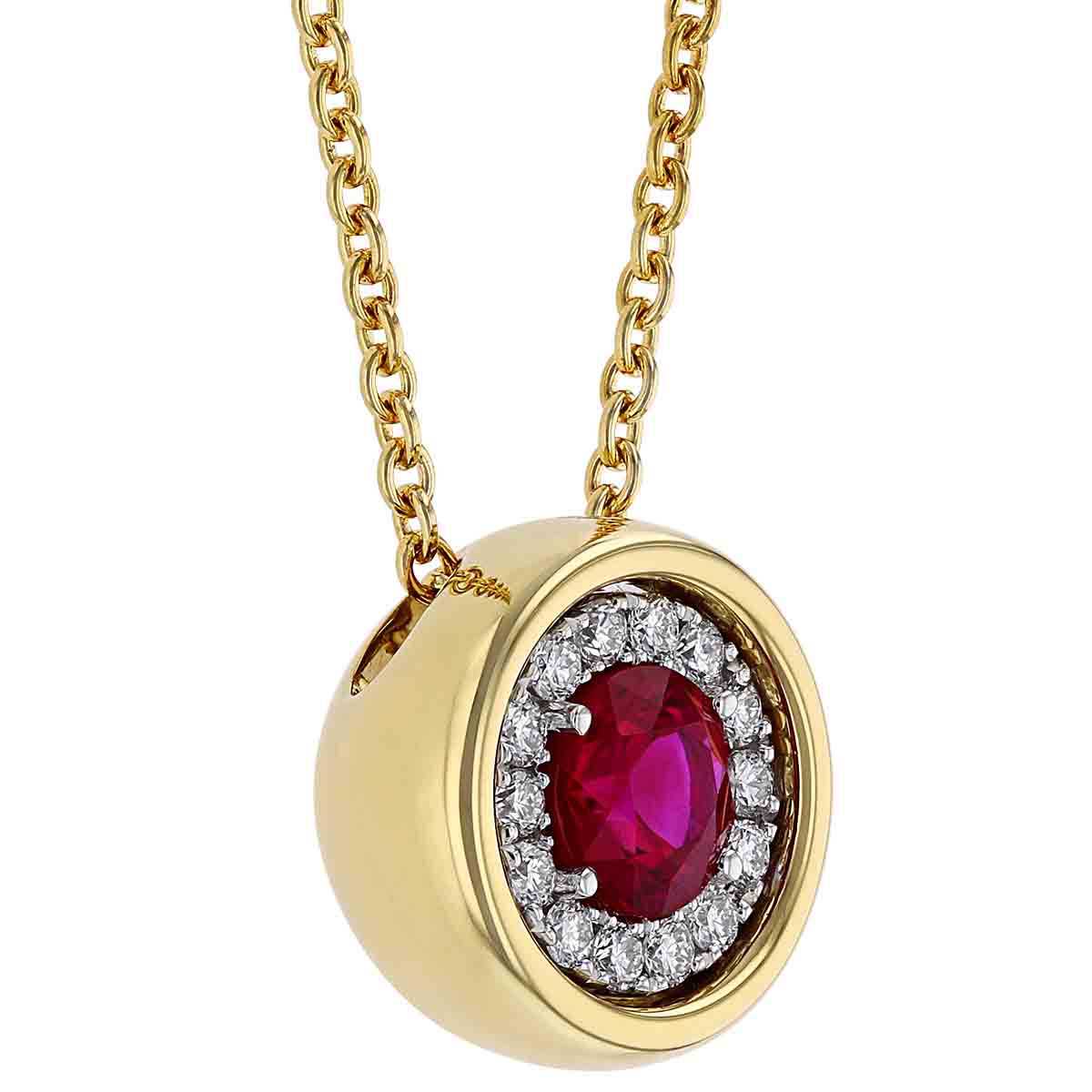 Round Ruby & Diamond Halo Bezel Set Pendant in Yellow Gold, 17