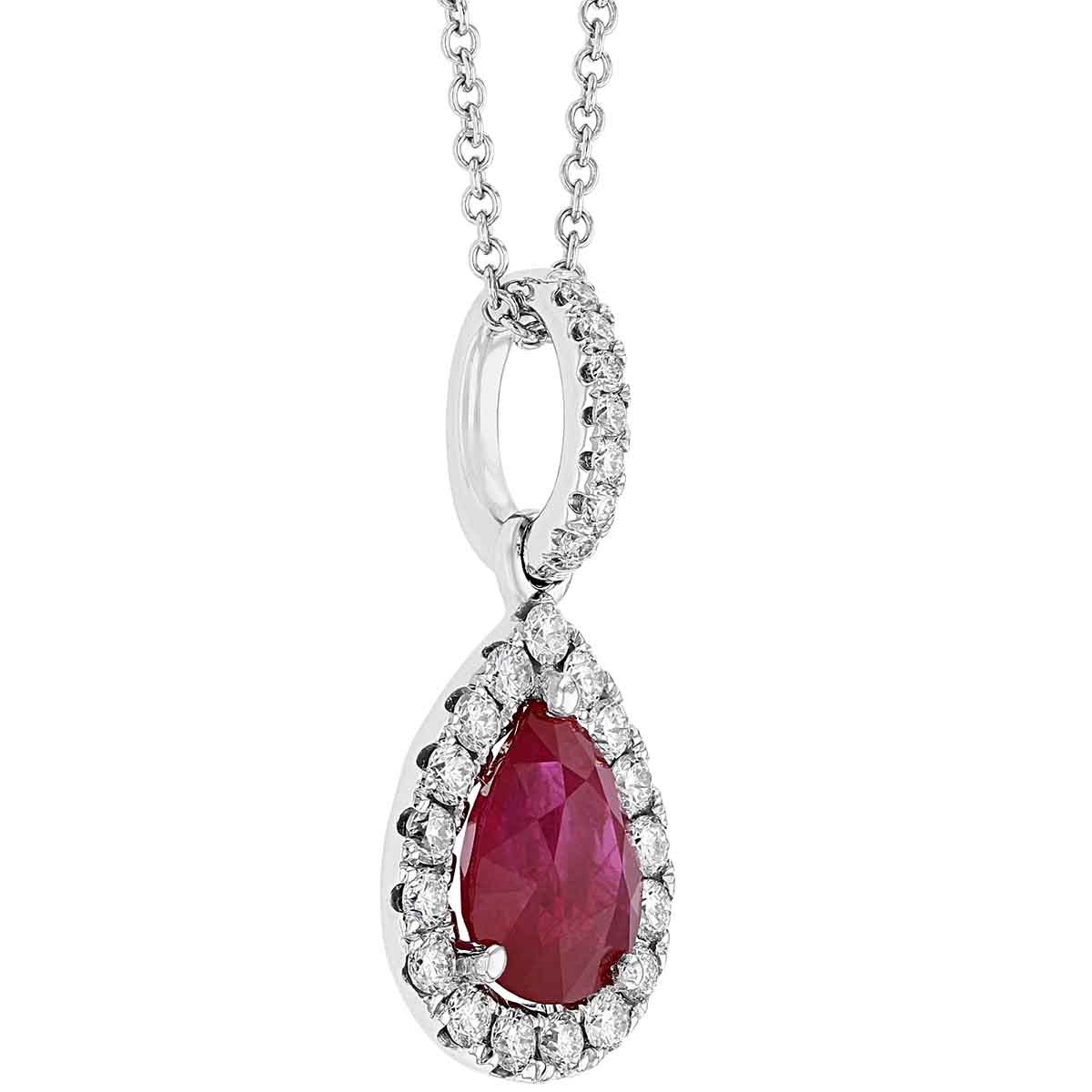 Pear Shaped Ruby & Diamond Halo Pendant in White Gold, 1.42 ct