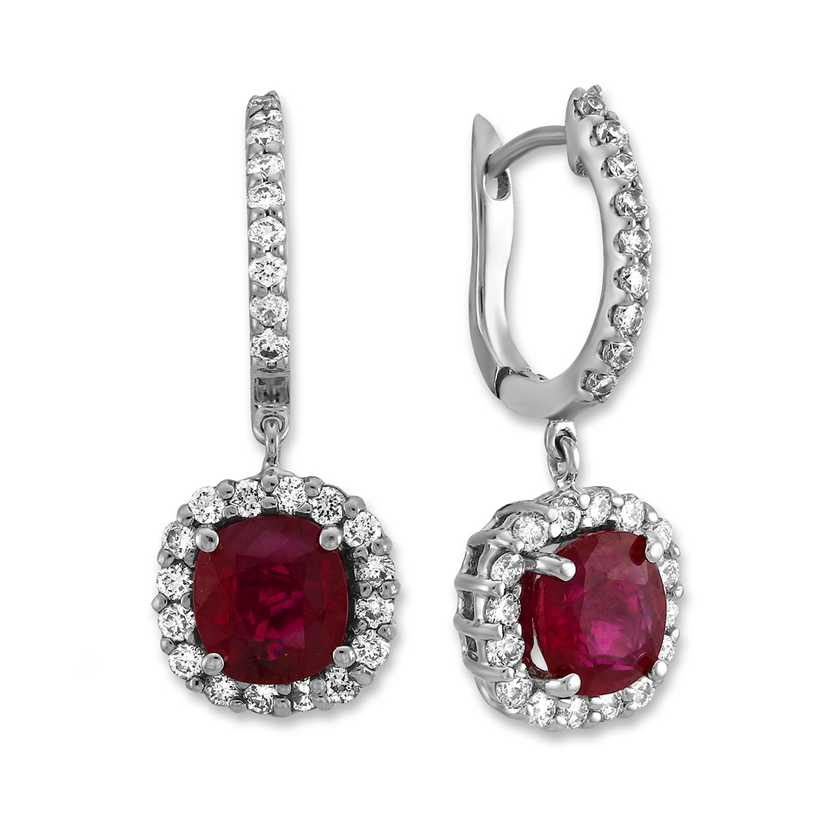 18K White Gold Cushion Ruby & Diamond Drop Earrings | Borsheims