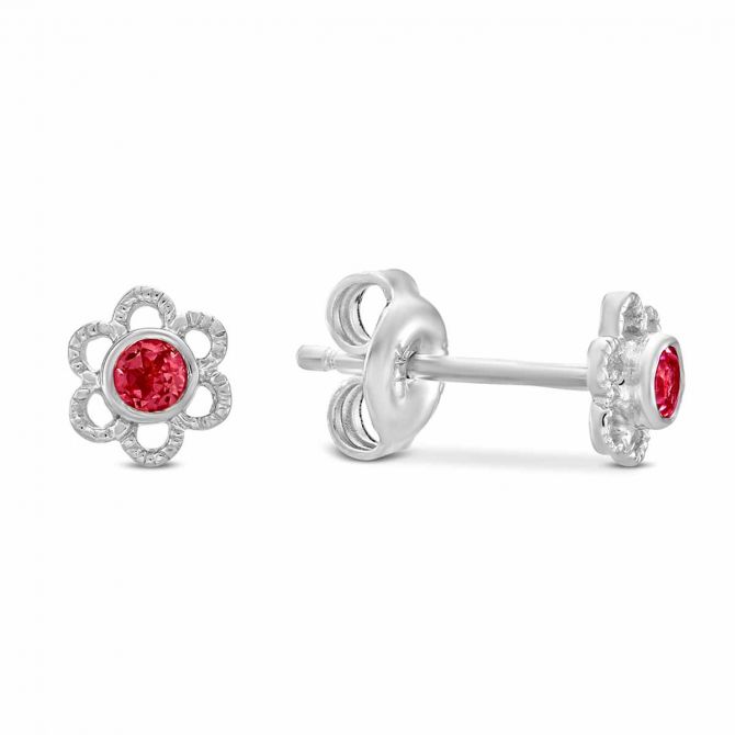Sterling Silver Child's Red Crystal Flower Earrings
