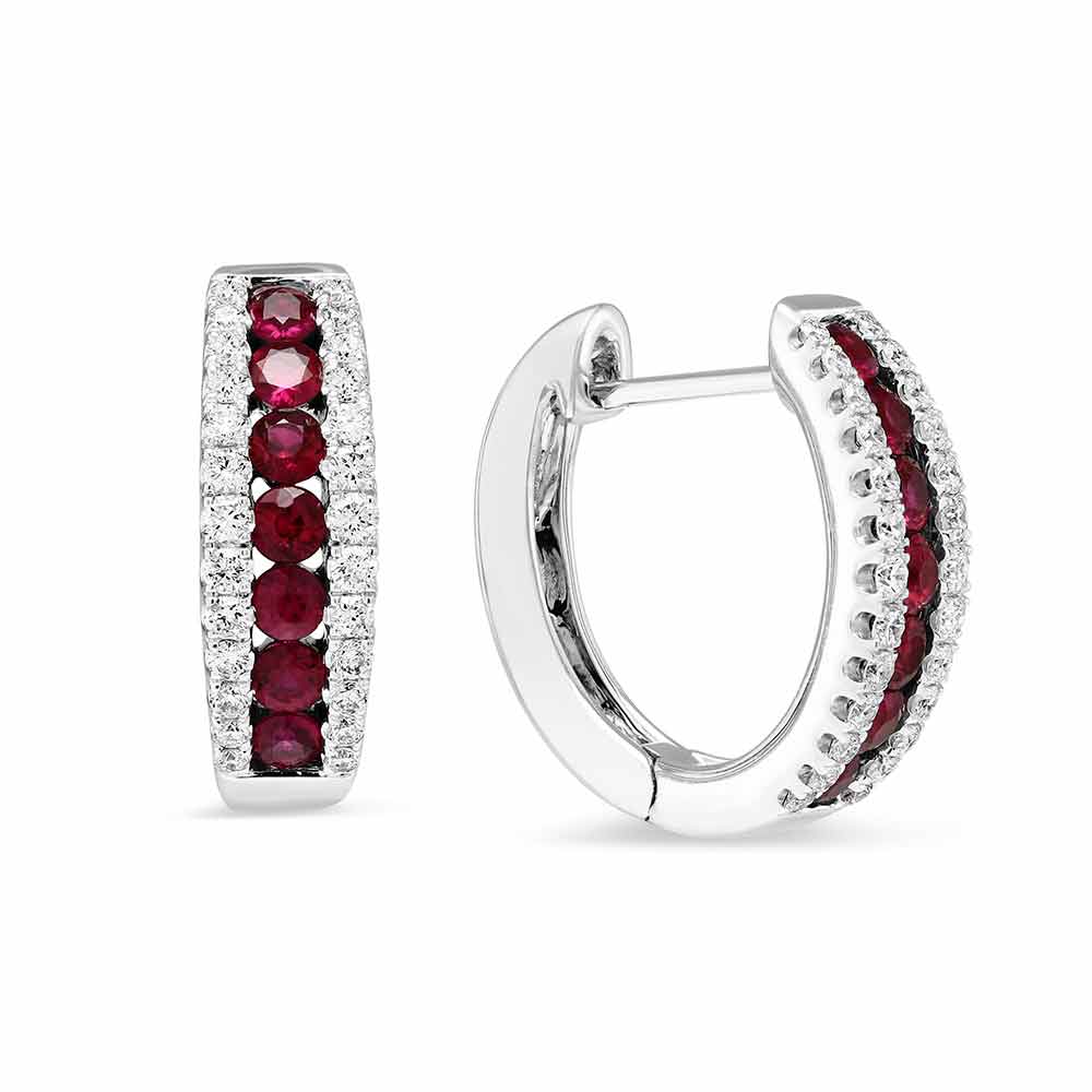 14K White Gold Ruby & Diamond 3 Row Huggie Hoop Earrings | Borsheims