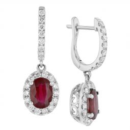 14k White Gold Oval Ruby Diamond Halo Dangle Earrings Borsheims 14k White Gold Oval Ruby Diamond Halo Dangle Earrings