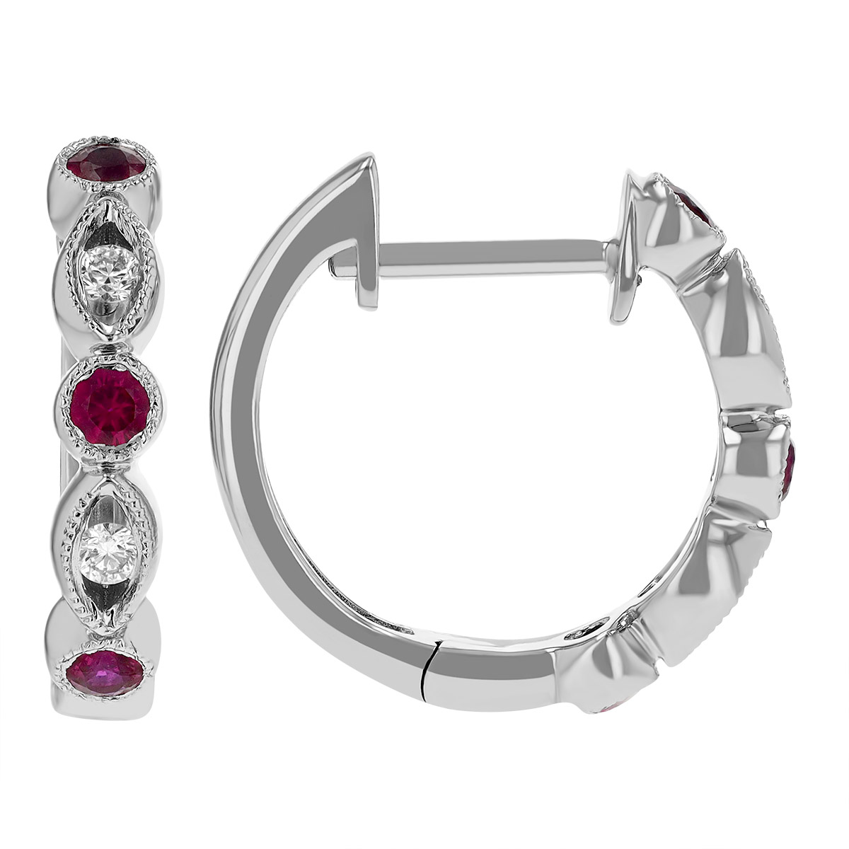 Round Ruby & Diamond Navette Hinged Hoop Earrings in White Gold