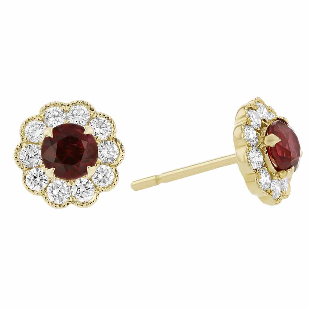 Round Ruby & Diamond Scalloped Halo Stud Earrings in Yellow Gold
