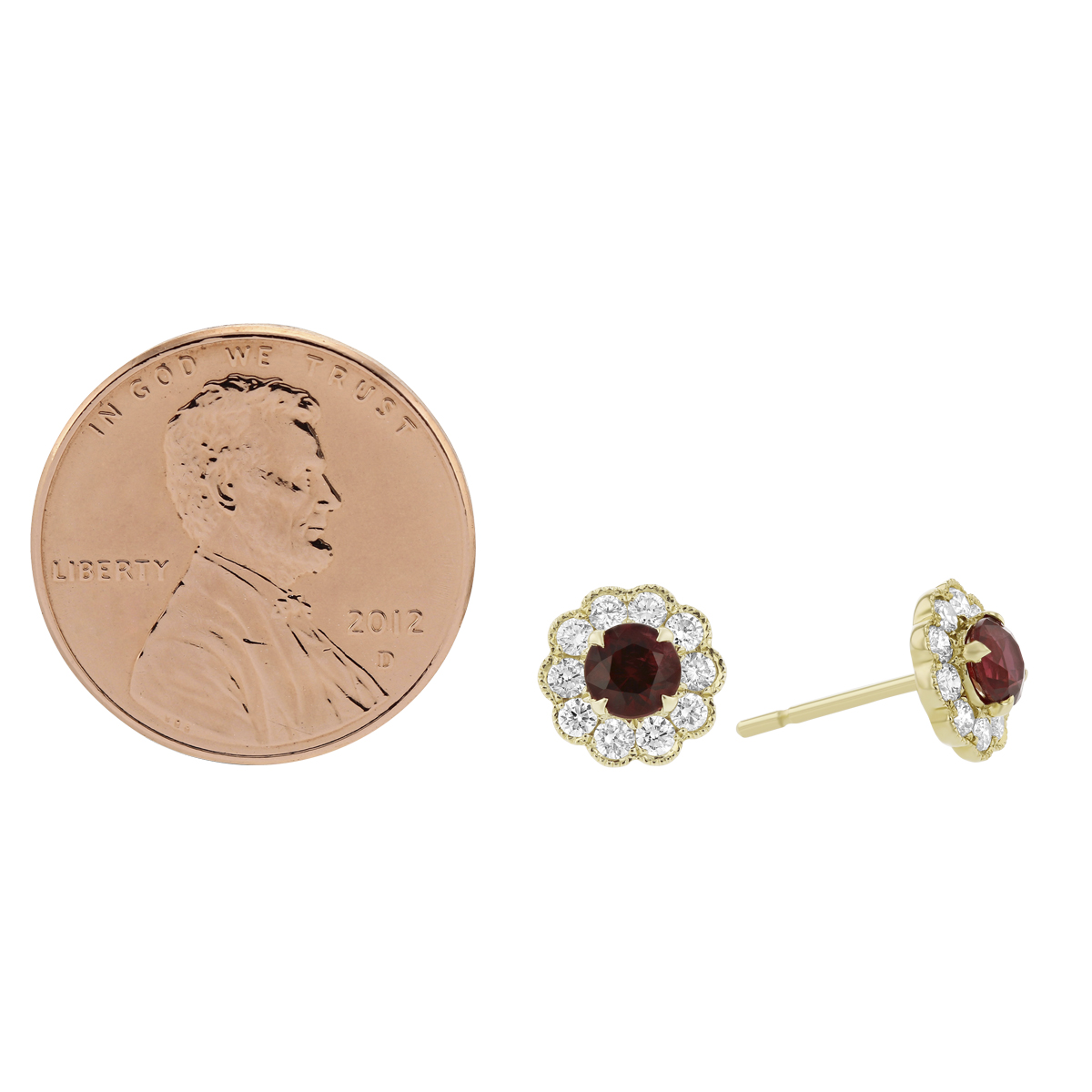 Round Ruby & Diamond Scalloped Halo Stud Earrings in Yellow Gold