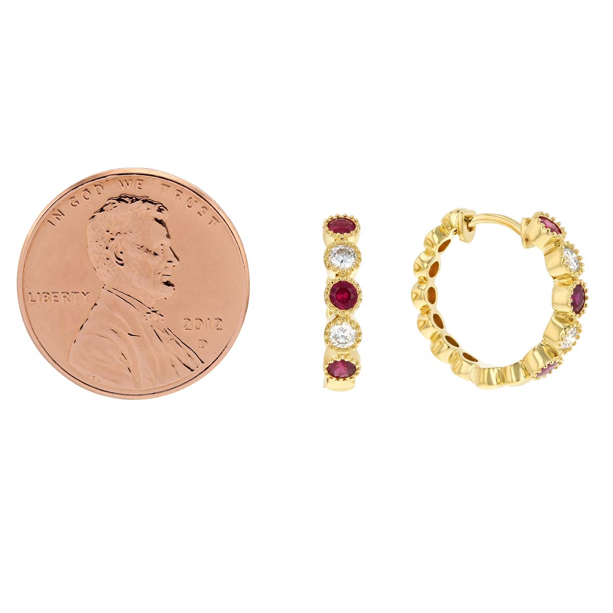 18K Yellow Gold Round Ruby & Diamond Milgrain Hoop Earrings