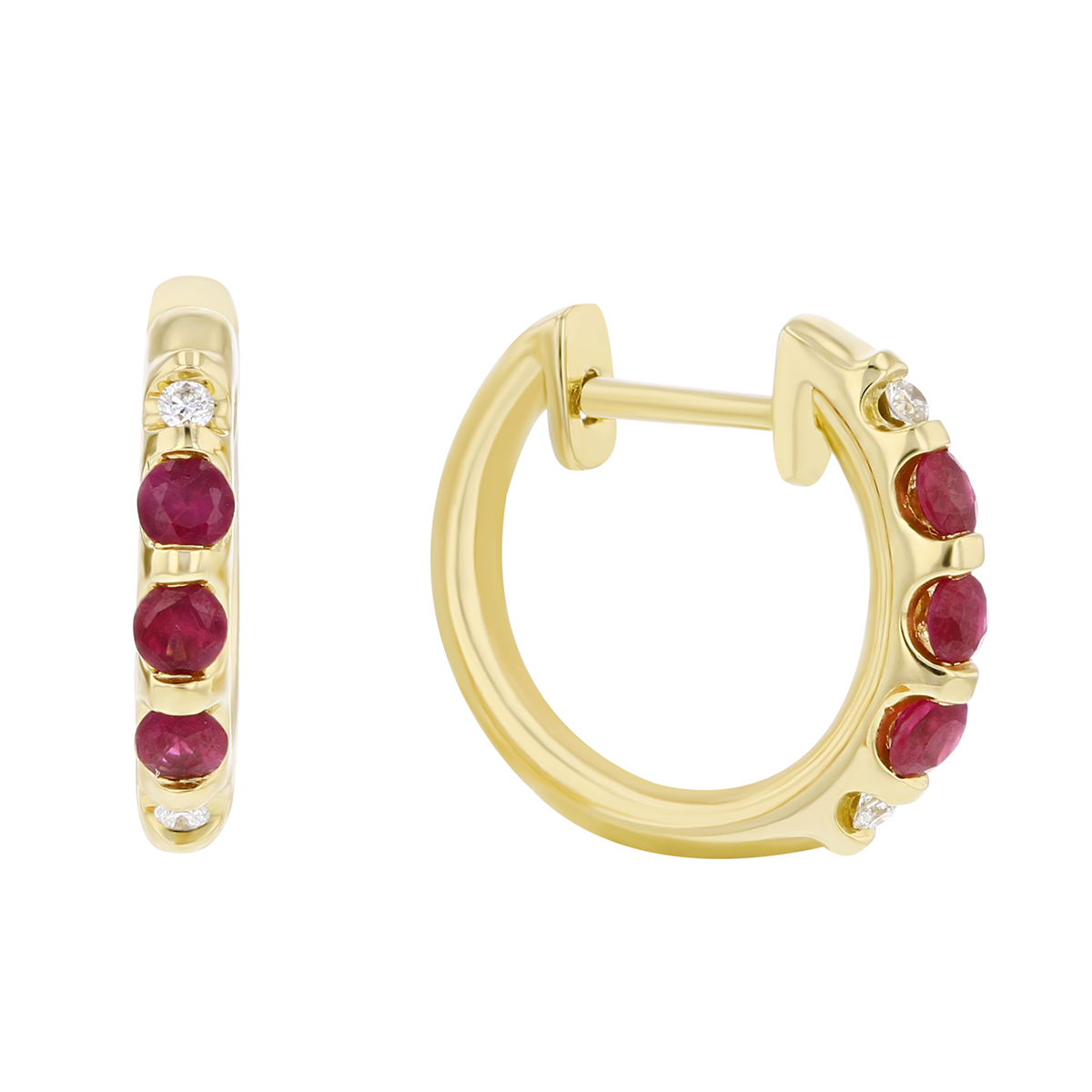14K Yellow Gold Round Ruby & Diamond Hinged Hoop Earrings