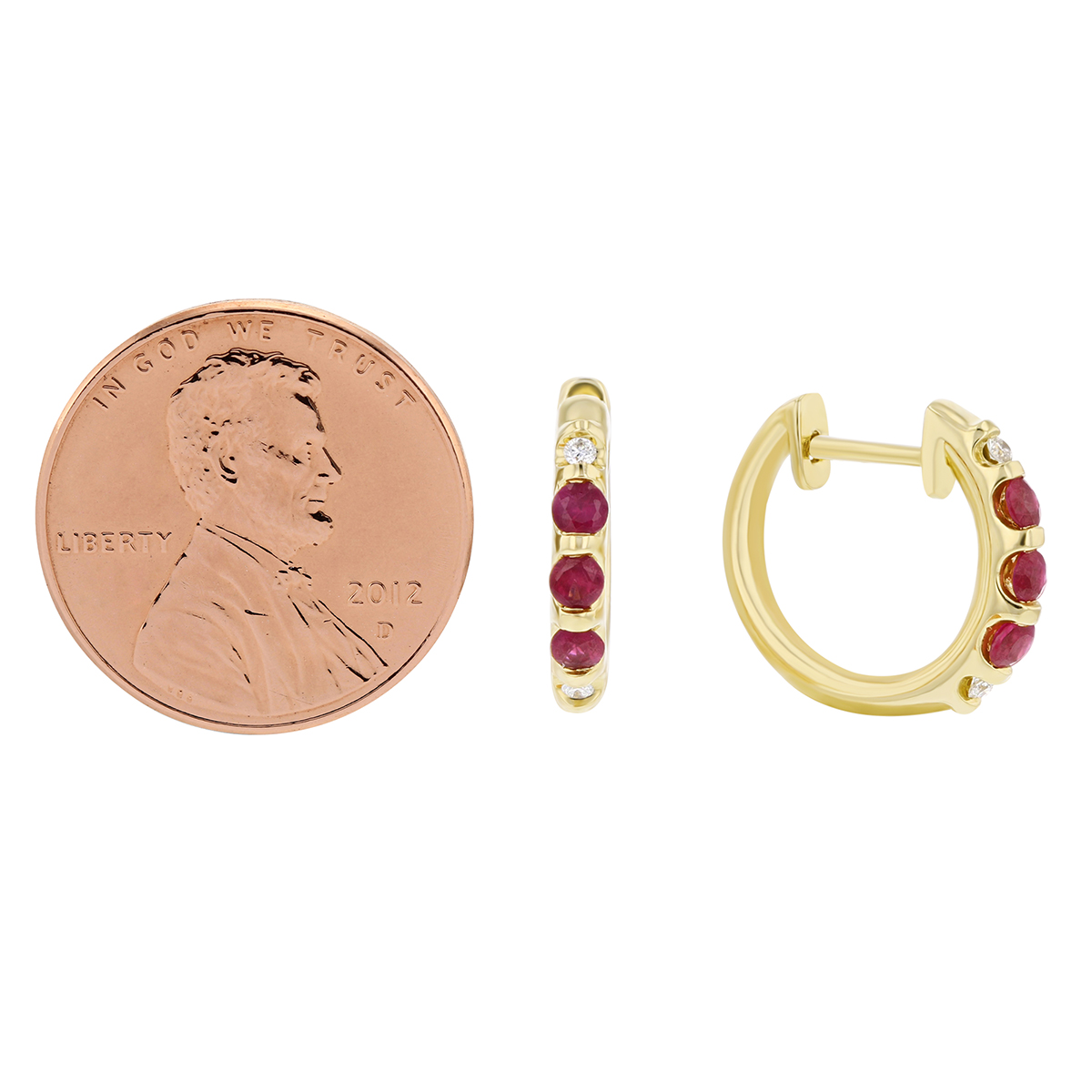 14K Yellow Gold Round Ruby & Diamond Hinged Hoop Earrings