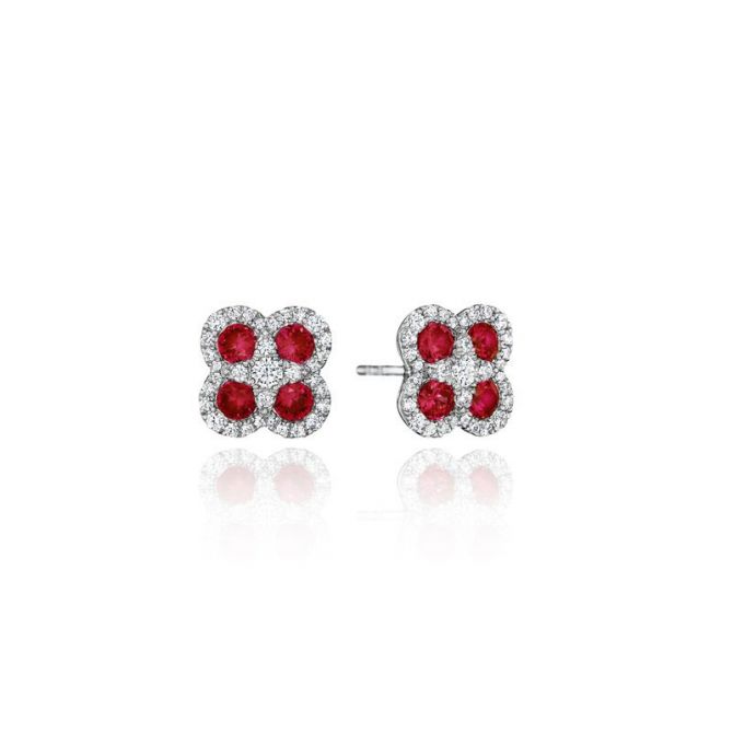 Ruby & Diamond Clover Stud Earrings in White Gold