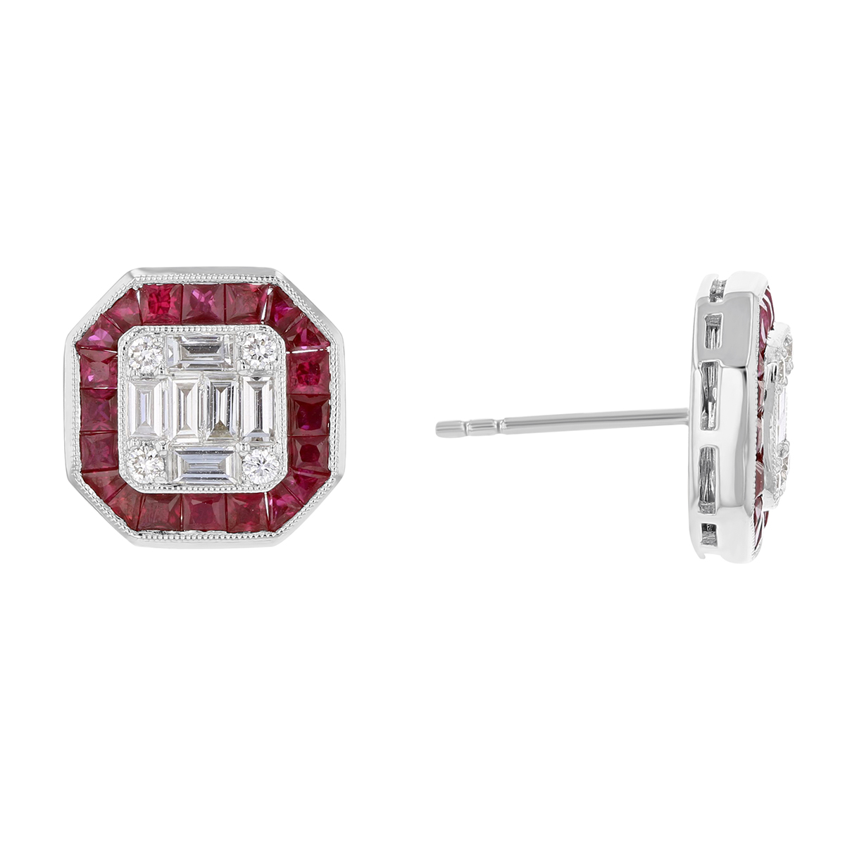 18K White Gold Calibre Cut Ruby & Diamond Milgrain Octagon Post ...