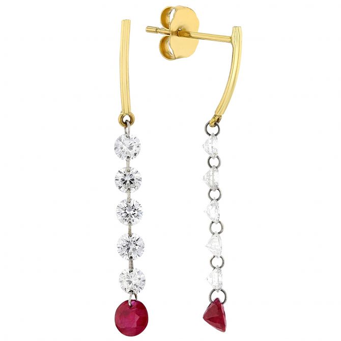 Aresa Ruby & Diamond 6 Stone Long Drop Earrings in Yellow Gold