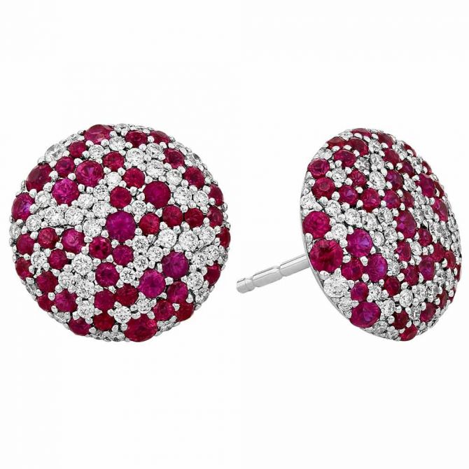 Ruby & Diamond Cluster Pavé Disc Post Earrings in White Gold