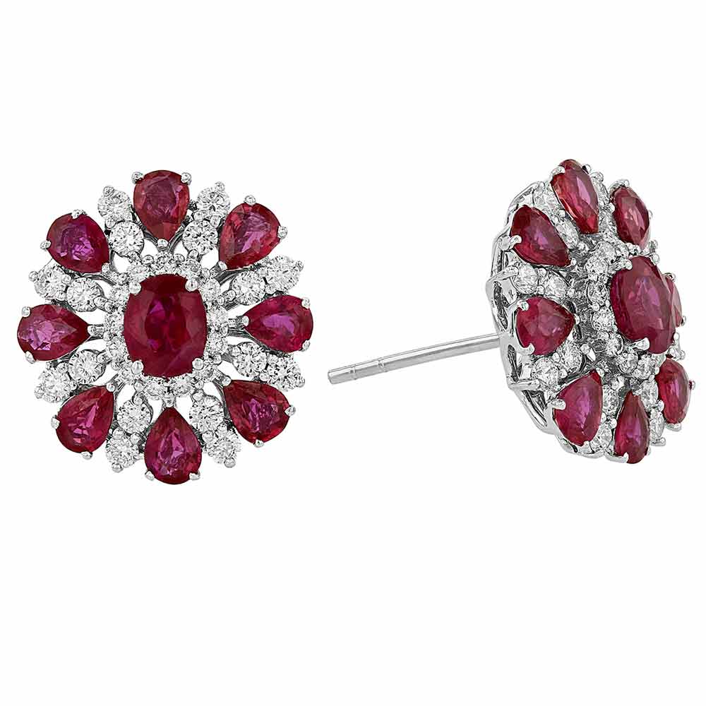 Ruby & Diamond Cluster Flower Post Earrings in White Gold | Borsheims