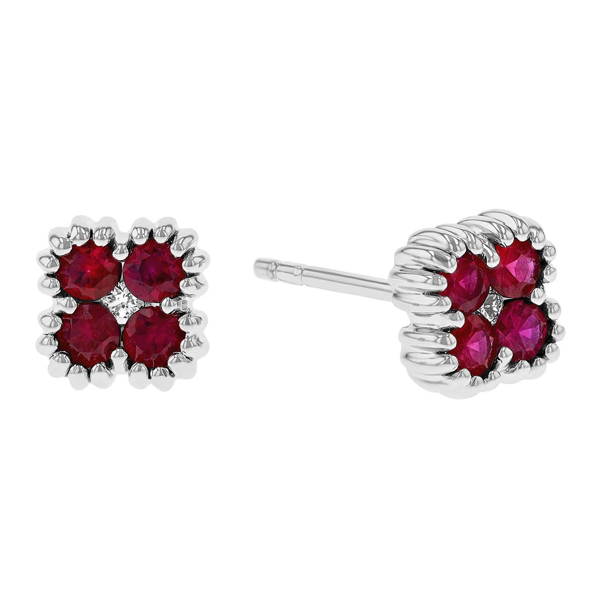 Ruby & Diamond Milgrain Flower Post Earrings in White Gold