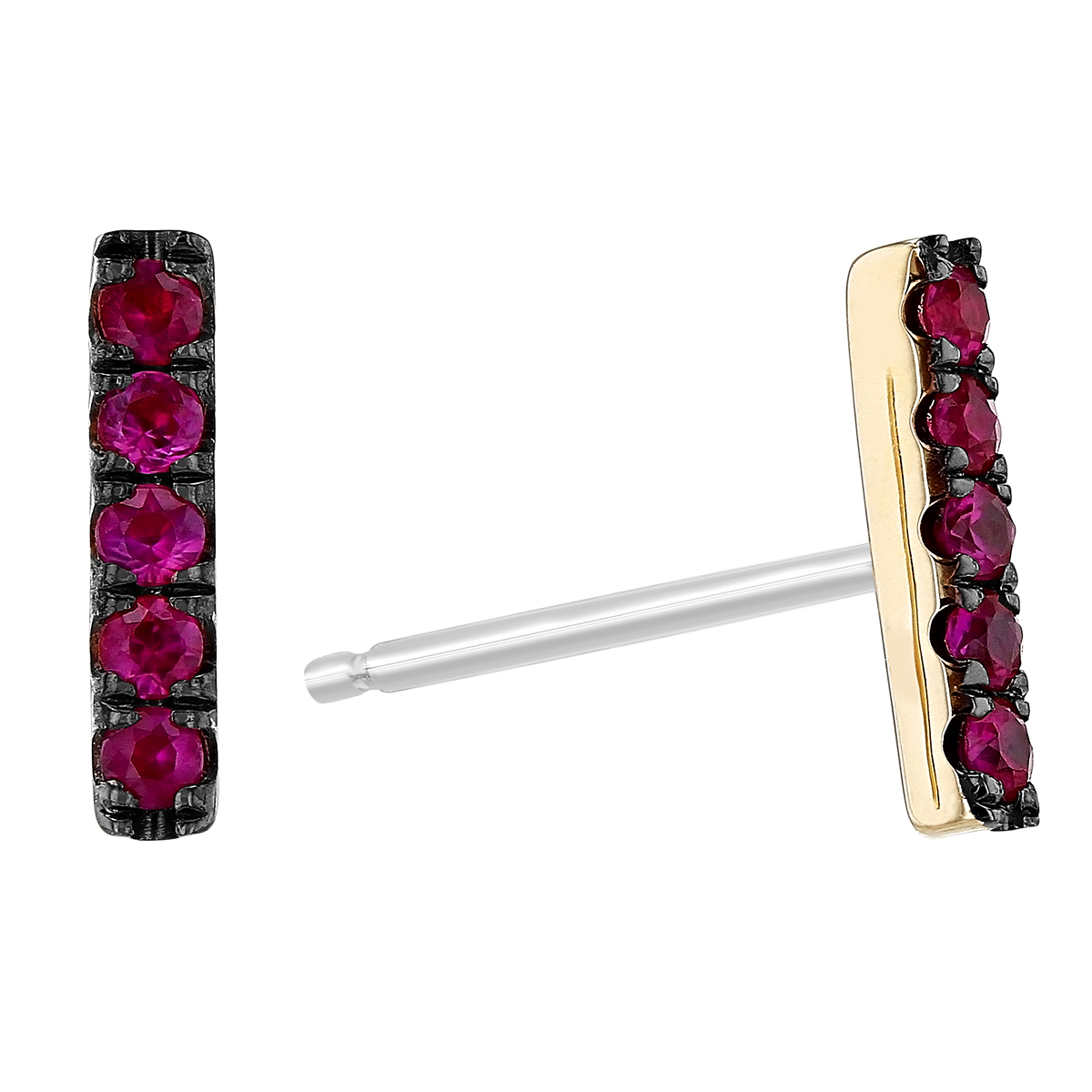 Ruby Bar Post Earrings in Yellow Gold & Black Rhodium