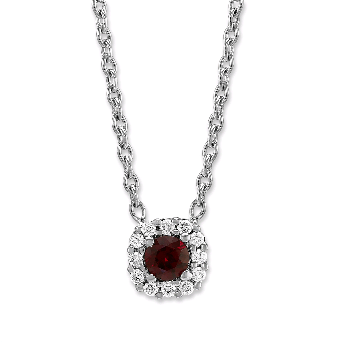 Round Ruby & Diamond Halo Petite Necklace in White Gold, 18