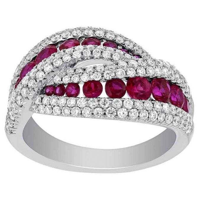 14K White Gold Round Ruby & Diamond Crossover Ring