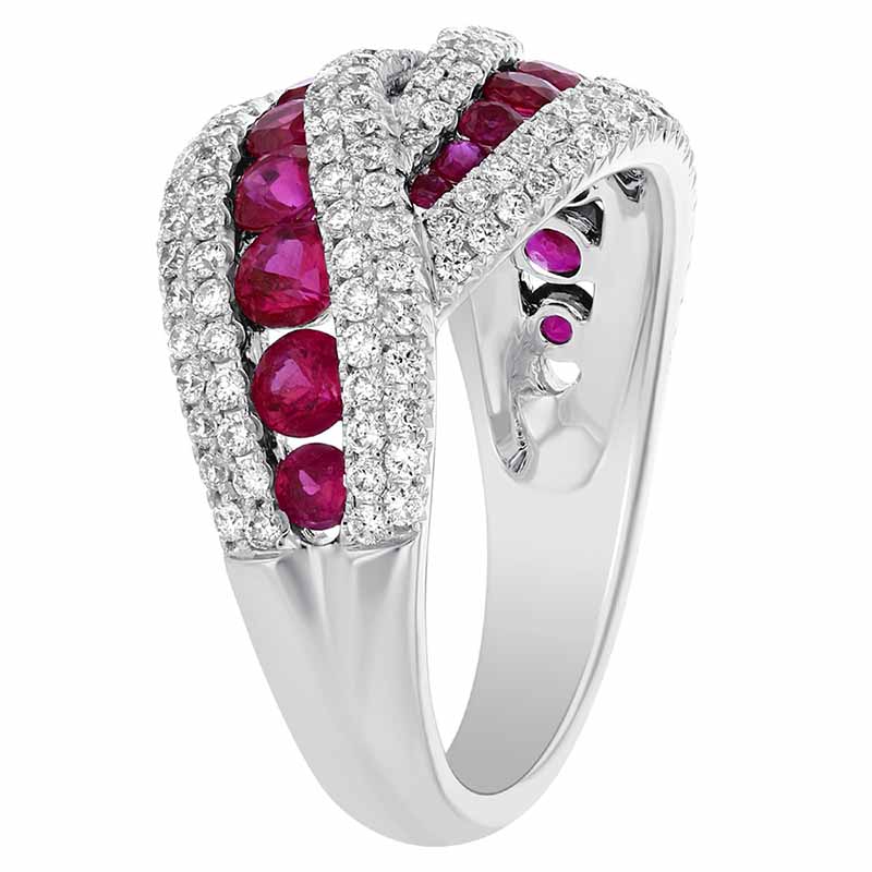 14K White Gold Round Ruby & Diamond Crossover Ring