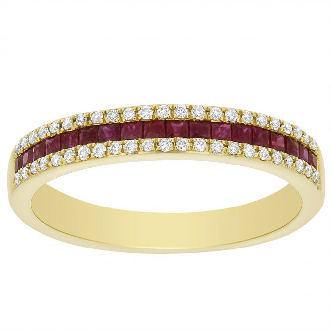 Princess Cut Ruby & Diamond 3 Row Channel Set Ring in Yellow Gold