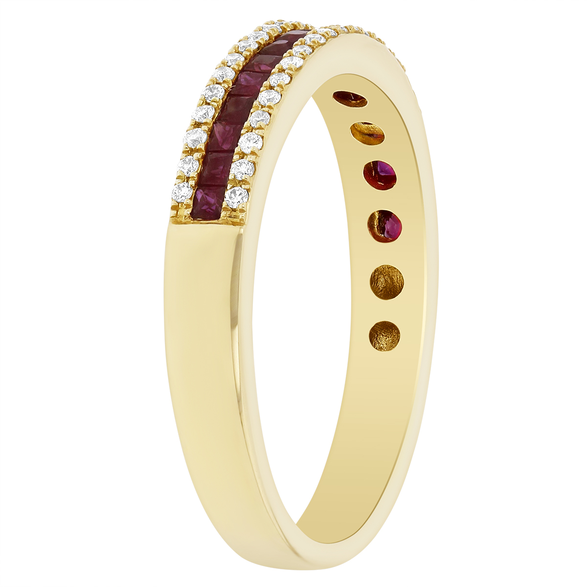 Princess Cut Ruby & Diamond 3 Row Channel Set Ring in Yellow Gold