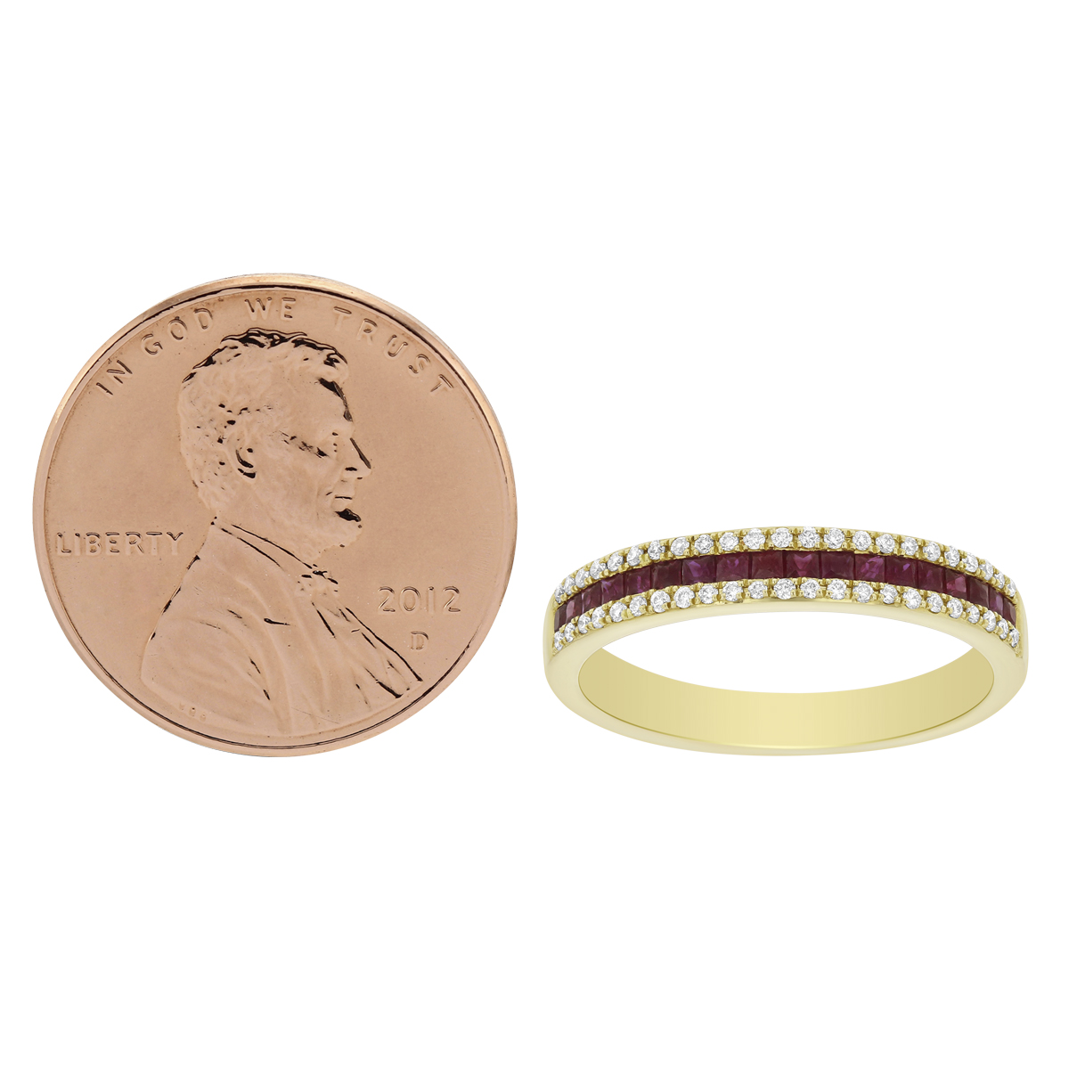 Princess Cut Ruby & Diamond 3 Row Channel Set Ring in Yellow Gold