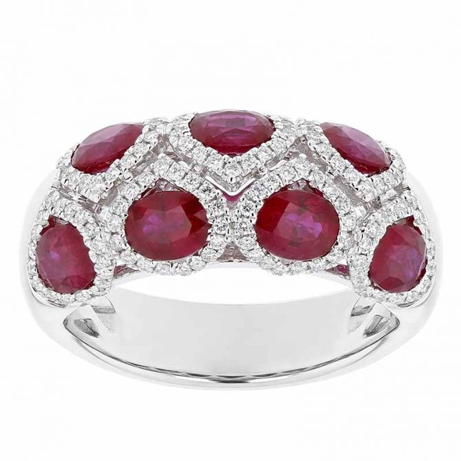 18K White Gold Oval Ruby & Teardrop Diamond Frame Ring