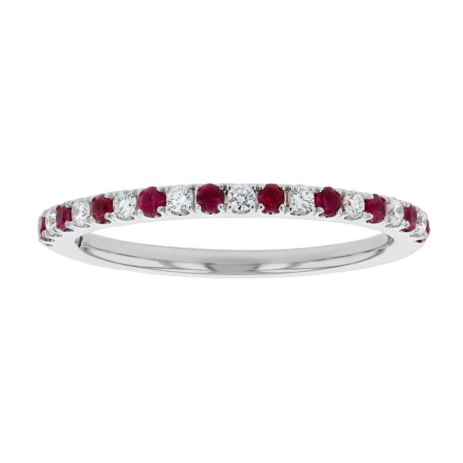 Round Ruby & Diamond Alternating Slim Ring in White Gold