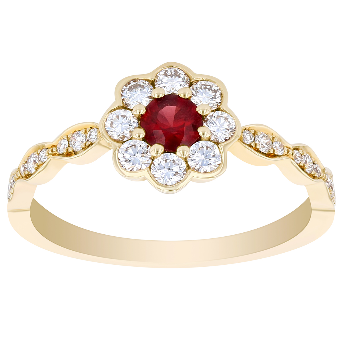 14K Yellow Gold Ruby with Diamond Scalloped Halo & Shank Ring, Size 7