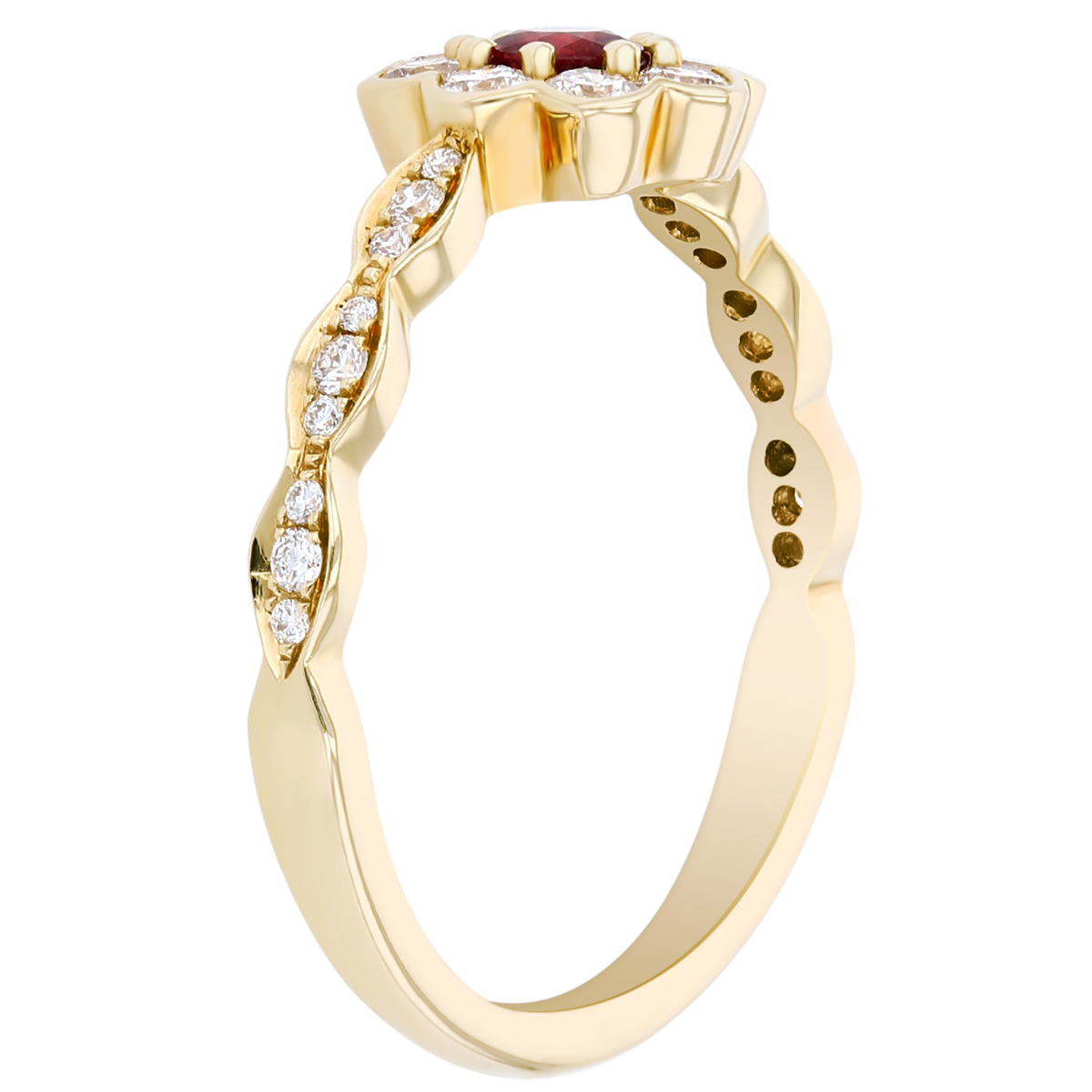 14K Yellow Gold Ruby with Diamond Scalloped Halo & Shank Ring, Size 7