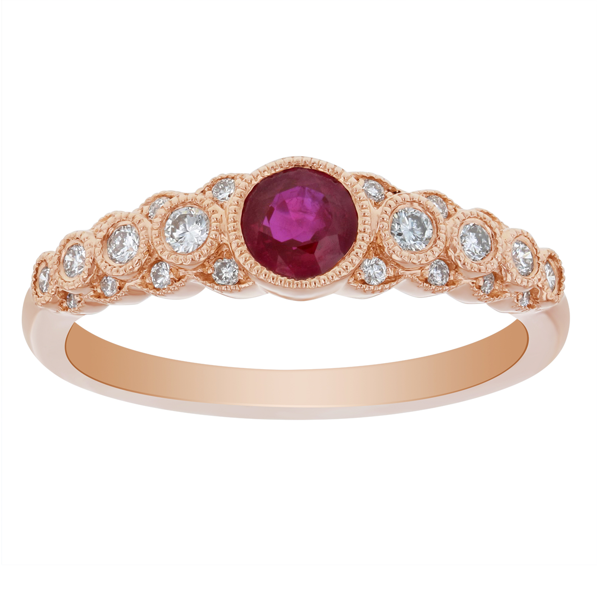 14K Rose Gold Round Ruby & Diamond Stacked 3 Row Milgrain Bezel Ring