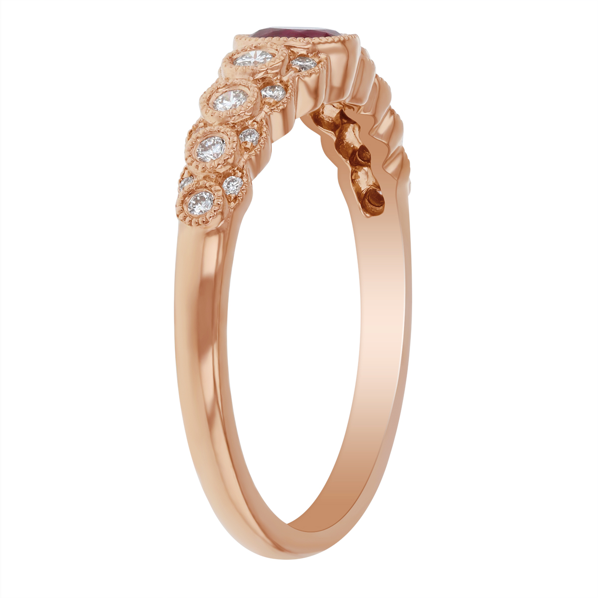 14K Rose Gold Round Ruby & Diamond Stacked 3 Row Milgrain Bezel Ring