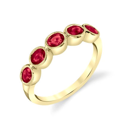 Oval Ruby 5 Stone Bezel Set Milgrain Ring in Yellow Gold