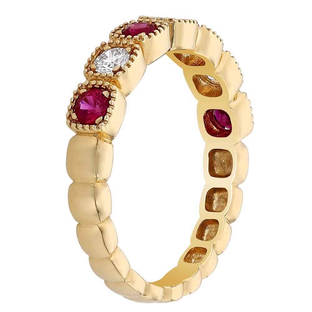Ruby & Diamond Alternating Milgrain Half Eternity Ring in Yellow Gold