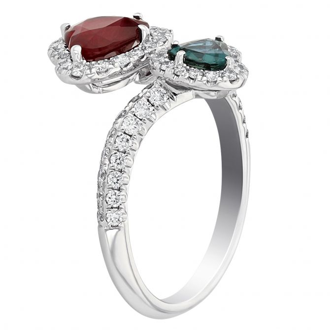 Heart Shaped Ruby Alexandrite Bypass Ring with Diamond Halo in