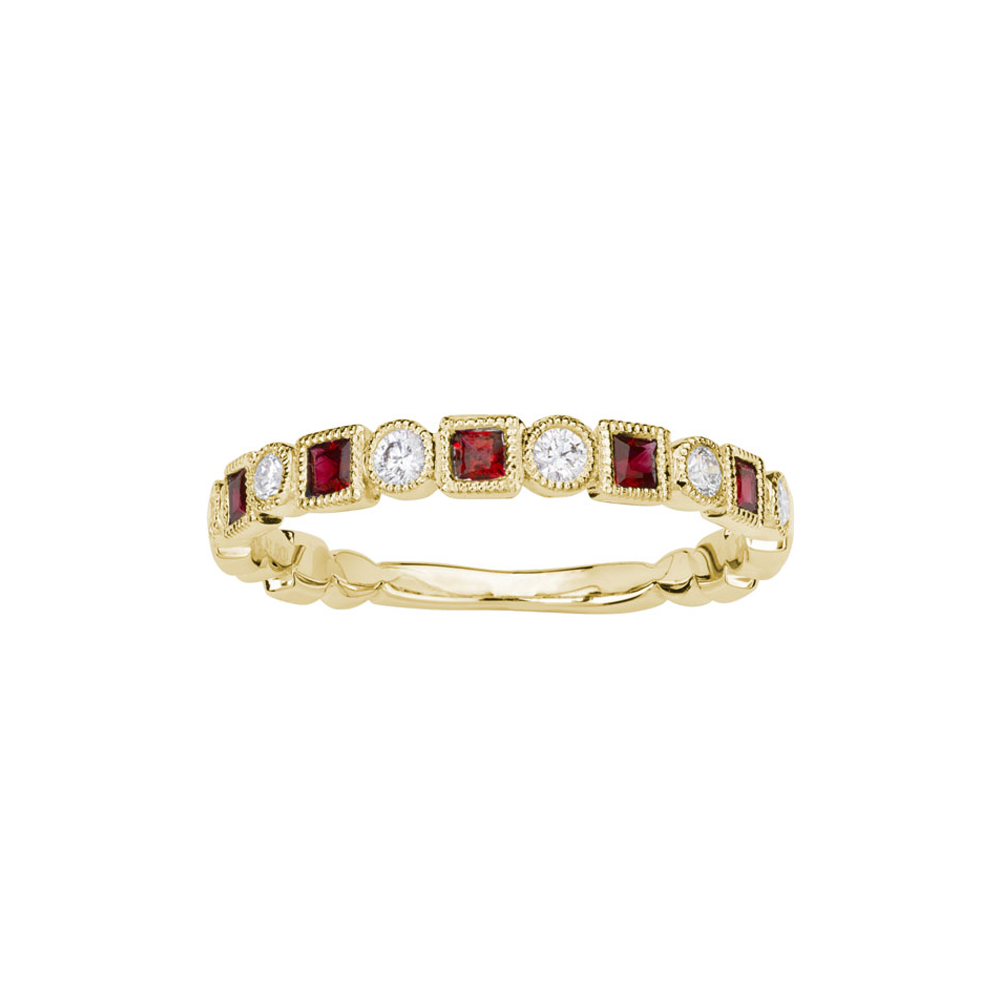 Princess Cut Ruby & Round Diamond Geometric Milgrain Ring in Yellow Gold