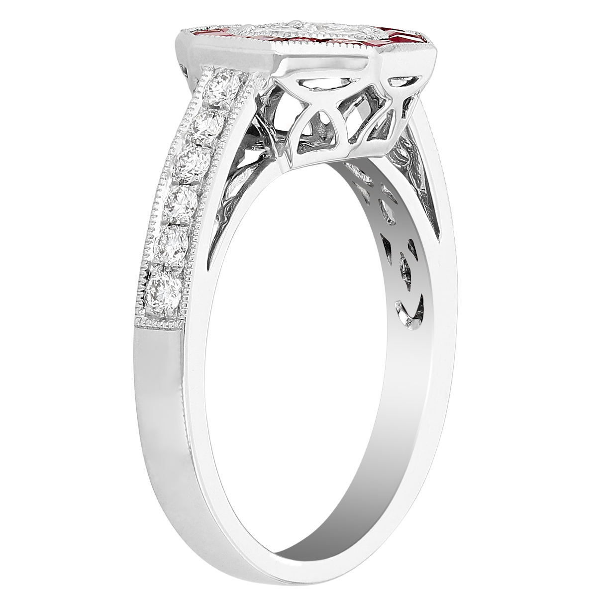 Calibre Cut Ruby & Multi Shape Diamond Illusion Milgrain Octagon Ring in White Gold